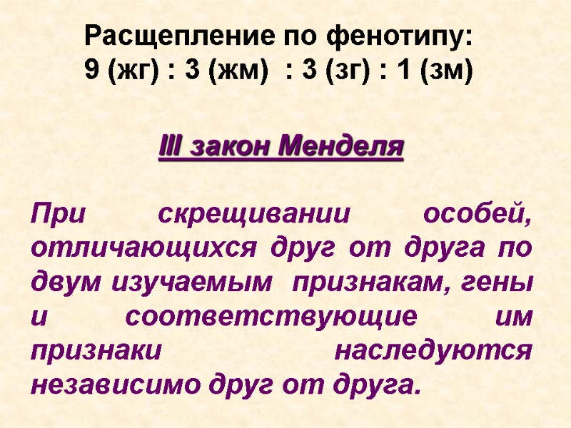 Расщепление по фенотипу: 9 (жг) : 3 (жм)  : 3 (зг) : 1